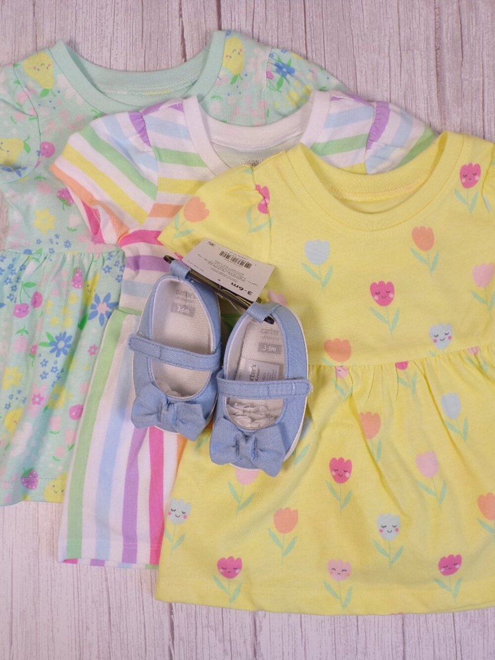 NWT Garanimals Infant 3-6 Months Dresses 3-Pack with Carter's Bow Shoes